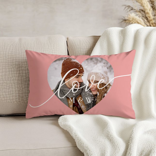Love Script Heart Photo Pink Lumbar Pillow (Creator Uploaded)