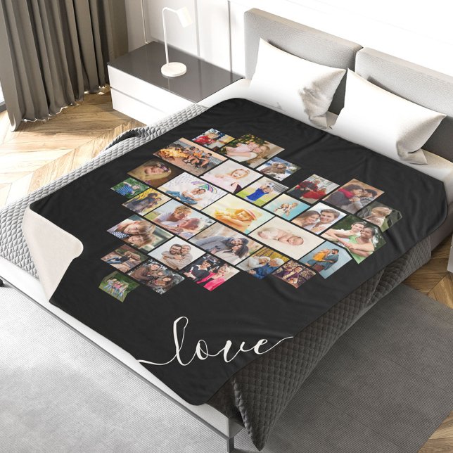 Love Script Heart Shaped Photo Collage Black Sherpa Blanket (Creator Uploaded)