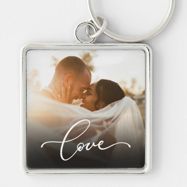 Love Script Newlywed Custom Photo Key Ring (Front)