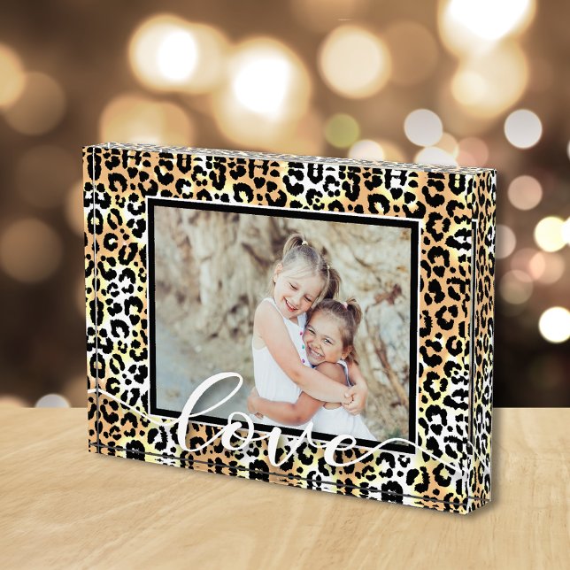 LOVE Script Overlay Leopard Animal Pattern Photo Block (Pesonalized acrylic photo block is 5" x 7" and 1" thick, stands without support on flat surface.)