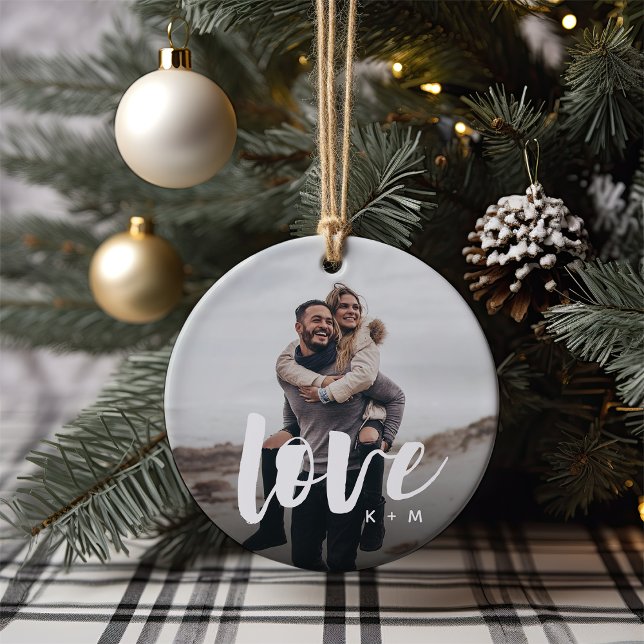 Love Script Overlay Personalised Couples Photo Ceramic Ornament (Creator Uploaded)