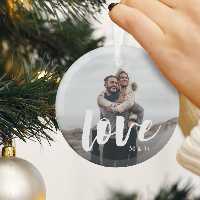 Love Script Overlay Personalized Couples Photo Glass Tree Decoration (Creator Uploaded)