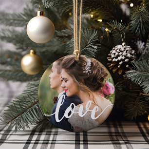 Love Script Overlay Photo Ceramic Ornament
