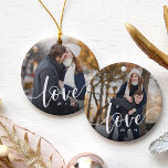 Love Script Overlay Photo & Initials Ceramic Ornament<br><div class="desc">Create a sweet keepsake of your wedding,  honeymoon or special moment with this beautiful custom ornament. Add a favorite wedding photo to each side with "love" overlaid in modern white script lettering,  and your initials beneath.</div>