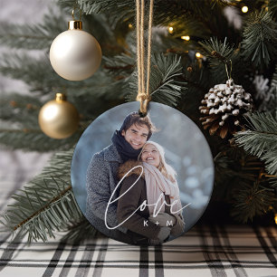 Love Script Overlay Photo & Initials Ceramic Ornament