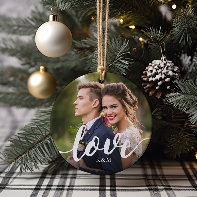 Love Script Overlay Photo & Initials Ceramic Ornament (Creator Uploaded)
