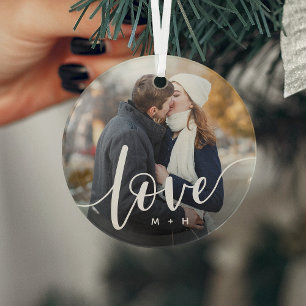 Love Script Overlay Photo & Initials Glass Tree Decoration