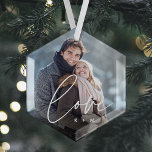 Love Script Overlay Photo & Initials Glass Tree Decoration<br><div class="desc">Create a sweet keepsake of your wedding,  honeymoon or special moment with this beautiful custom ornament. Add a favourite photo with "love" overlaid in modern white script lettering,  and your initials beneath.</div>