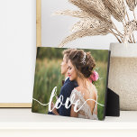 Love Script Overlay Photo Plaque<br><div class="desc">Simple and modern wedding photo keepsake plaque features your favourite horizontal or landscape orientated photo with "love" as a white text overlay in hand lettered calligraphy script.</div>