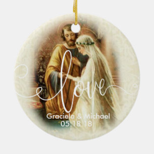 Love Script Overlay Wedding Bride Groom Ceramic Ornament