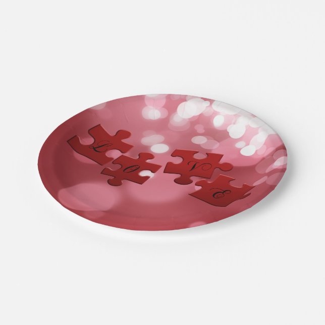 Love Script Puzzle Pieces Paper Plate (Angled)