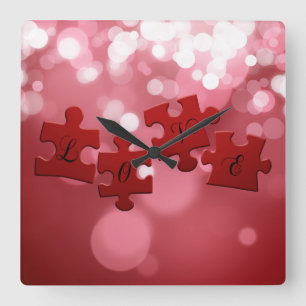 Love Script Puzzle Pieces Square Wall Clock