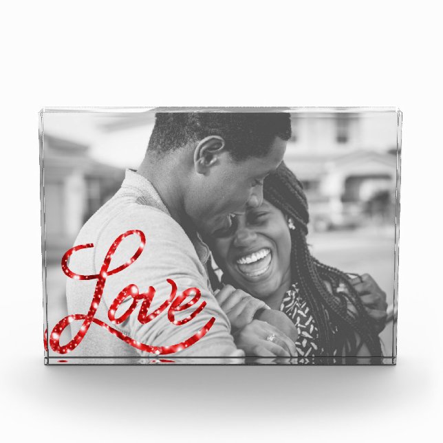 Love Script | Red Glitter Modern Calligraphy Heart Photo Block (Front)