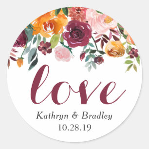 Love Script Watercolor Burgundy Pink Orange Floral Classic Round Sticker