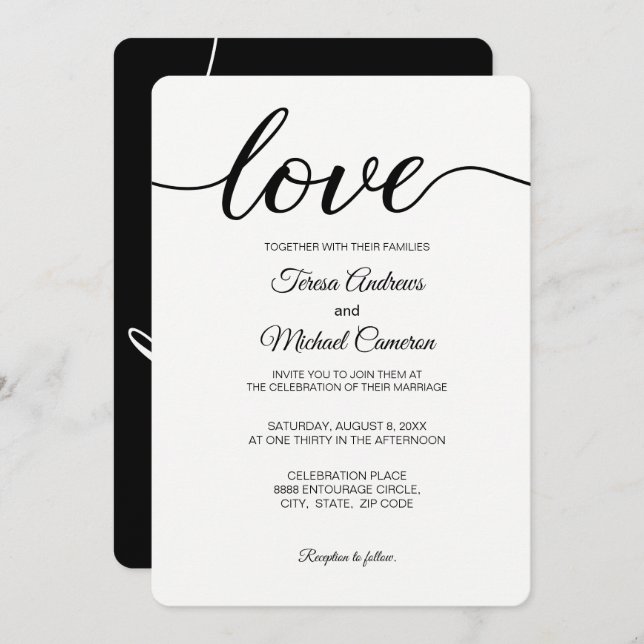 Love Script Wedding typography black and white Invitation (Front/Back)