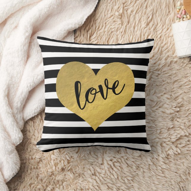 Love Script With Gold Heart And Stripes Cushion (Blanket)