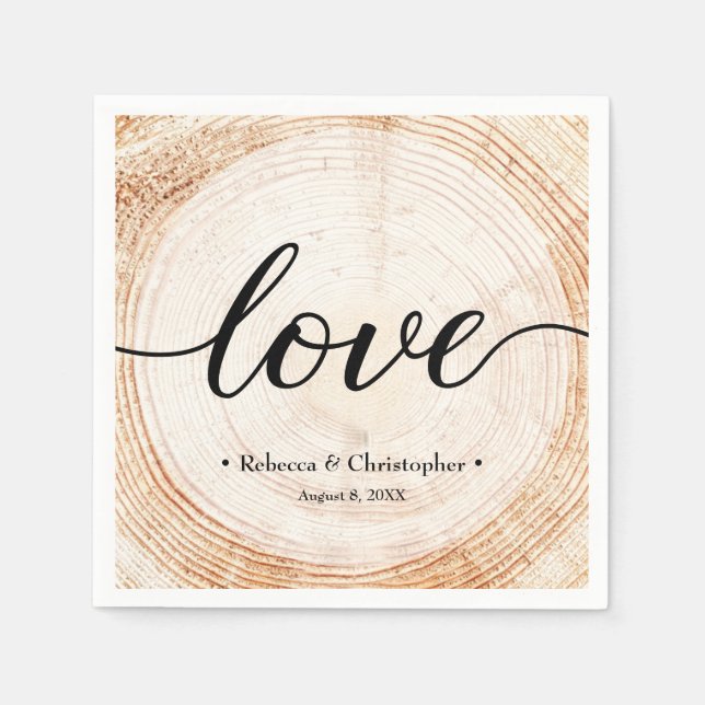 Love Script Wood Tree ring Slice Rustic Wedding  Napkin (Front)