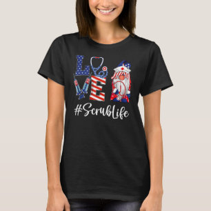 Love Scrub Life Nurse Gnome American Flag 4th Of J T-Shirt