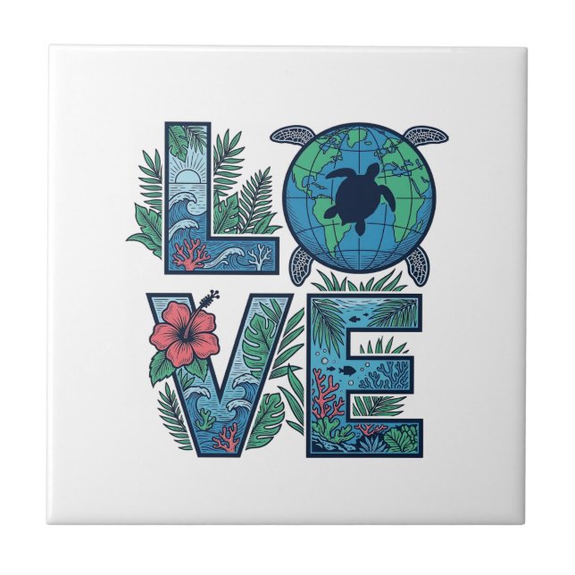 Love Sea Turtle Earth Tropical Ceramic Tile (Front)