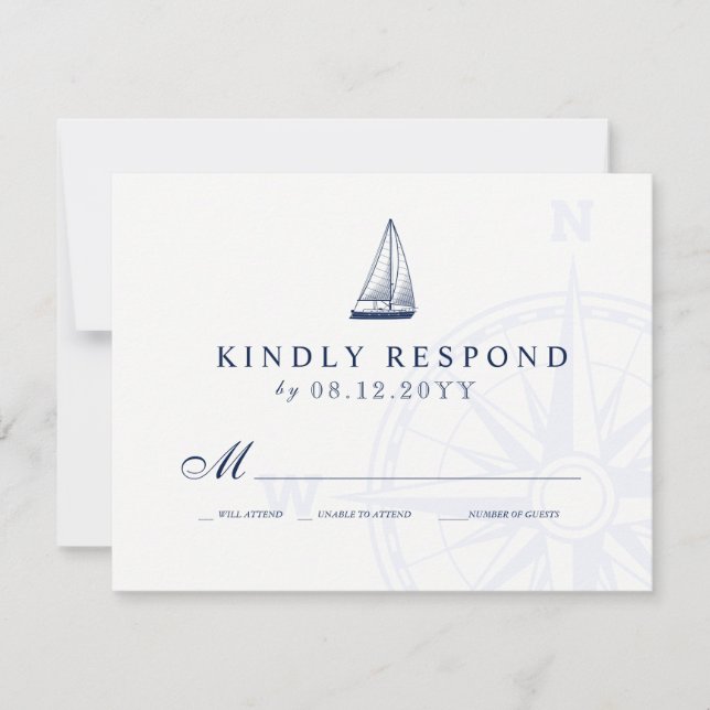 Love Sets Sail Sailboat Nautical Wedding Navy RSVP Card (Front)