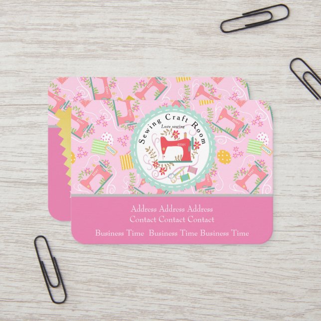 Love Sewing Cute Photo Pink Business Card (Front/Back In Situ)