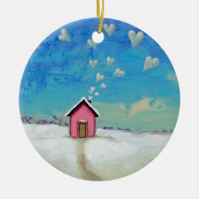 Love shack cabin fun romantic art Staying Warm Ceramic Tree Decoration (Front)