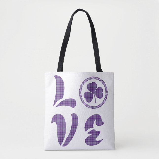 Love Shamrock Plaid Purple Gray Tartan Pattern Tote Bag (Front)