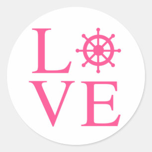 Love Ship Wheel Pink & White Nautical Wedding Classic Round Sticker