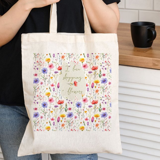 Love Shopping and Flowers Colourful Wildflower Tote Bag (I love shopping and flowers, wildflower tote bag from my Mother's Day Wildflower Collection)