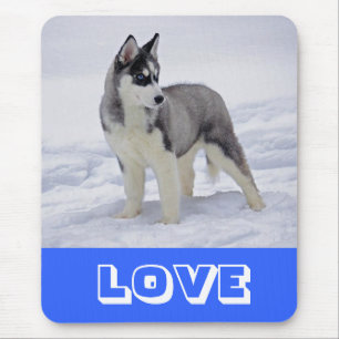 Love Siberian Husky Puppy Dog in Snow Mouse Pad