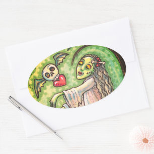 LOVE SICK GIRL ZOMBIE FOLLOWING HER HEART, WHIMSY OVAL STICKER