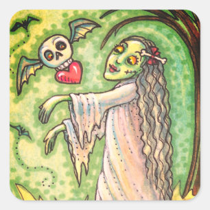 LOVE SICK GIRL ZOMBIE FOLLOWING HER HEART, WHIMSY SQUARE STICKER