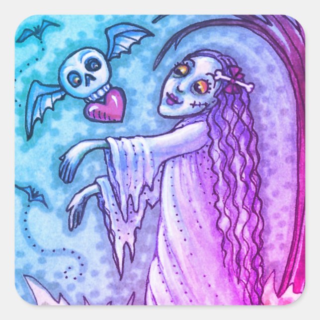LOVE SICK GIRL ZOMBIE FOLLOWING HER HEART, WHIMSY SQUARE STICKER (Front)