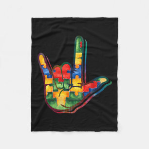Love Sign Language Autism Awareness Support Puzzle Fleece Blanket