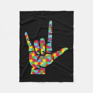 Love Sign Language Hand Autism Awareness Puzzle Fleece Blanket
