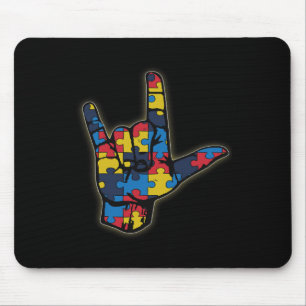 Love Sign Language Tee Autism Awareness Support Fi Mouse Pad