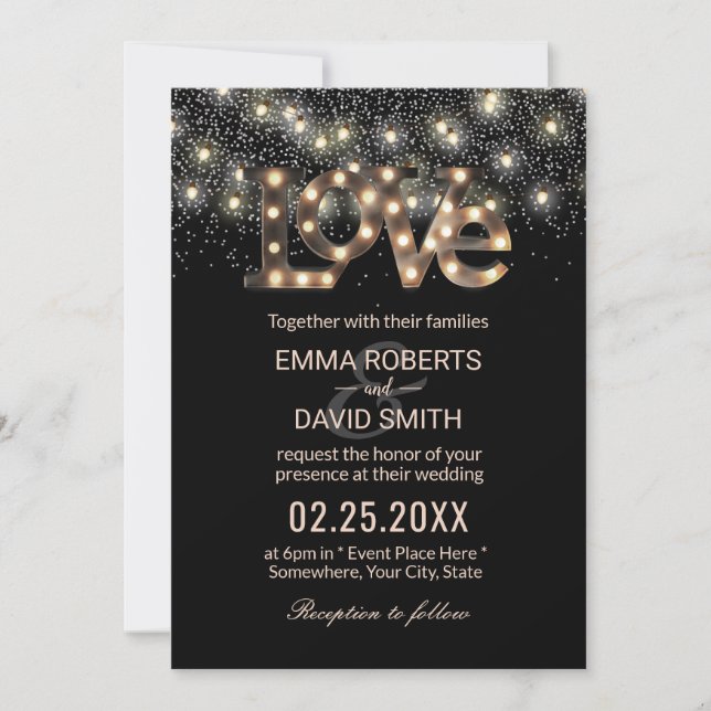 Love Sign String Lights Confetti Modern Wedding Invitation (Front)