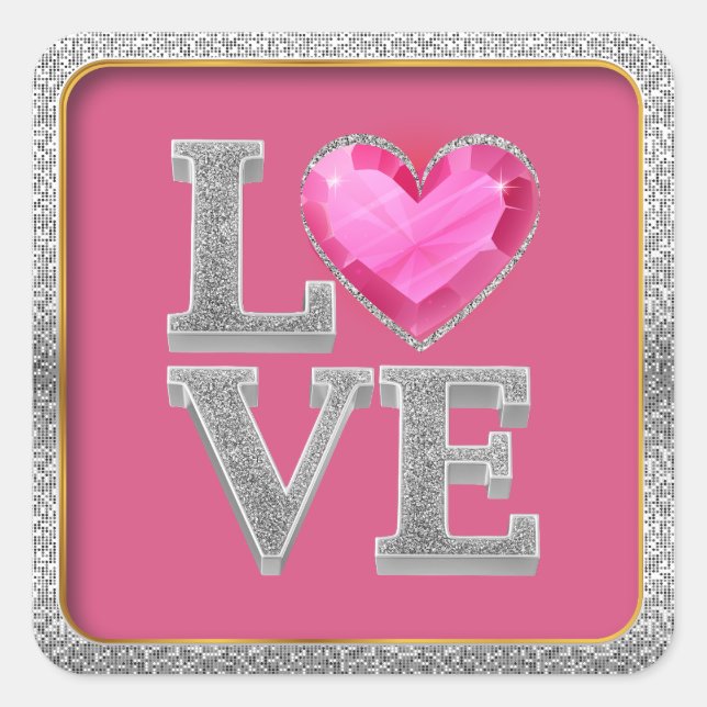 Love Silver Glitter Bling Bling Diva Pink Glam Square Sticker (Front)