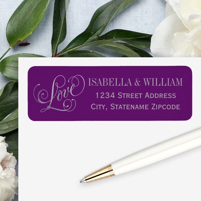 Love Silver Script Purple Wedding Return Address Label (Creator Uploaded)