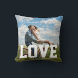 Love Simple Couple Photo Add Name Text and Message Cushion<br><div class="desc">Amor Couple Photo Throw Pillow. Searching for the ideal couple pillow? This pillow is customisable you can add two different photos, the couple names, a short text, and a loving word like "amor", Showcase your favourite wedding photos, imagine resting your head on this pillow full of romance, one of a...</div>