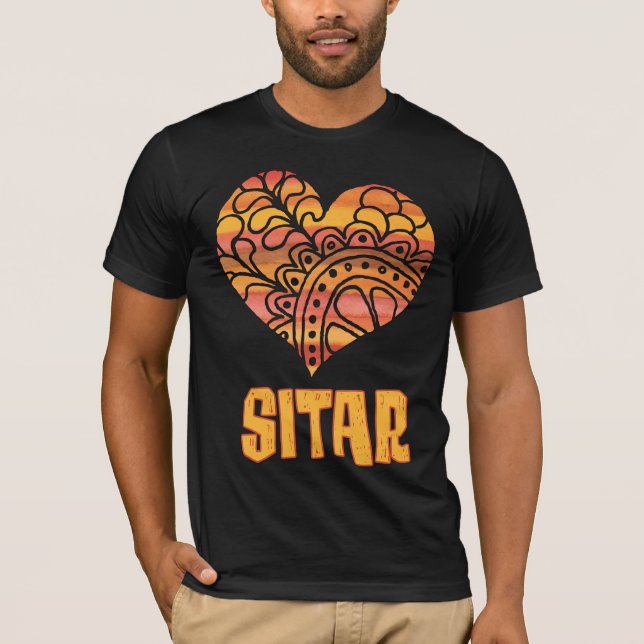 Love Sitar Orange Mandala Heart Indian Music T-Shirt (Front)