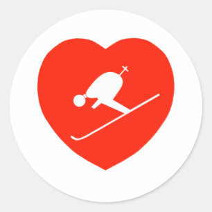 Love Skiing Red Heart Classic Round Sticker