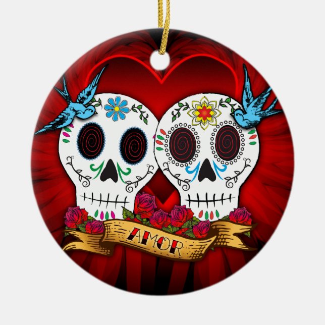 Love Skulls with Bluebirds Ornament (Front)