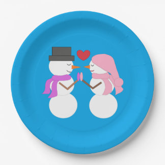 Love & Snowpeople - Blue-green:  Christmas Party Paper Plate