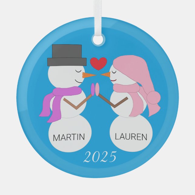 Love & Snowpeople:  Blue-green Glass Tree Decoration (Front)