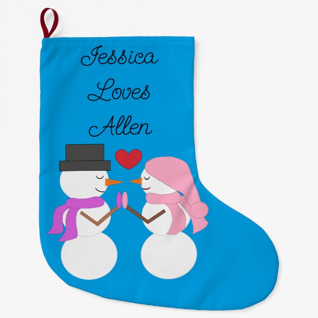 Love & Snowpeople: Blue-green Large Christmas Stocking (Front)