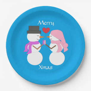 Love & Snowpeople Blue-green:  Merry Xmas Party Paper Plate