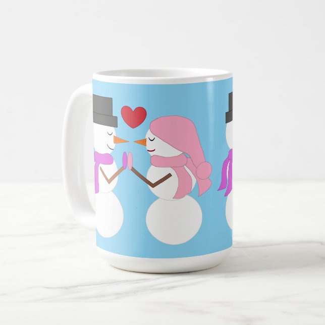 Love & Snowpeople: Light Blue Coffee Mug (Front Left)