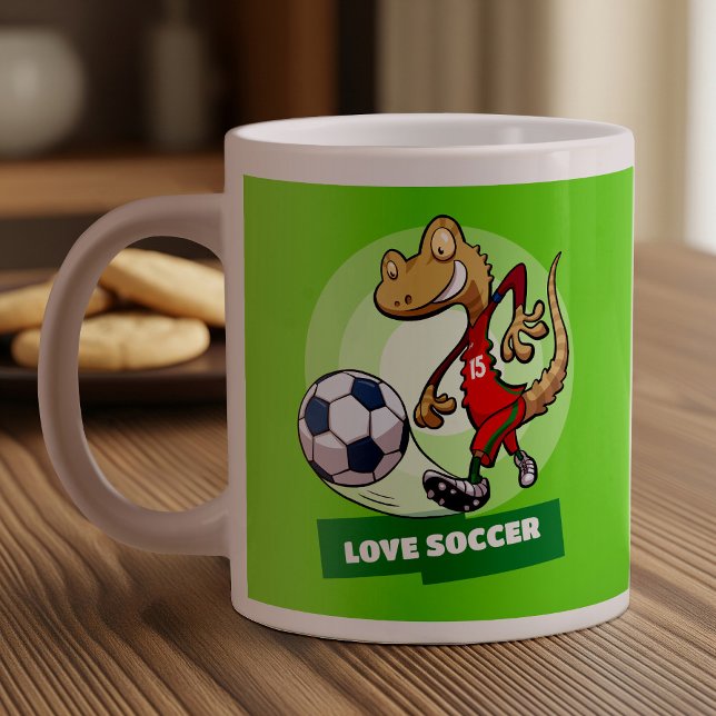 Love Soccer Cute Gecko Funny Soccer Player Cartoon Large Coffee Mug (Creator Uploaded)
