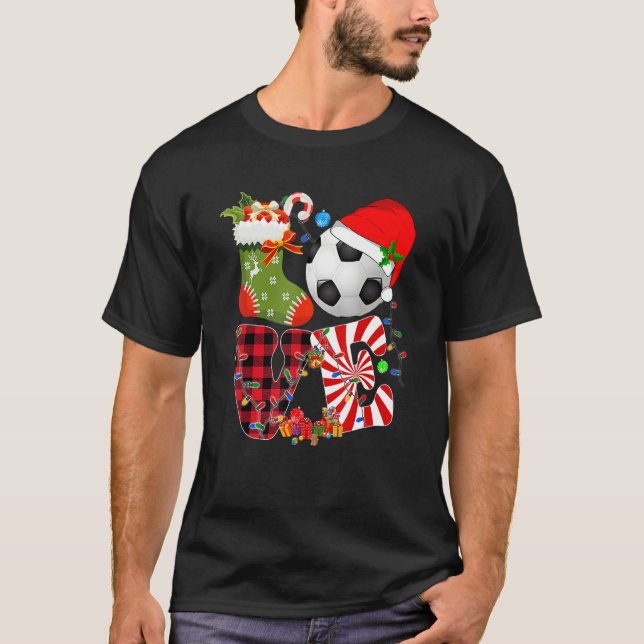 Love Soccer Santa Hat Sock Christmas Lights Buffal T-Shirt (Front)